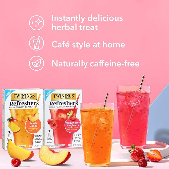 NEW Twinings Strawberry Raspberry Refreshers, Herbal Tea Instant Beverage with Real Strawberry Fruit Bits, 5 Count (Pack of 1), Café Style, No Artificial Sweeteners, Naturally Caffeine-Free, 5 Packets