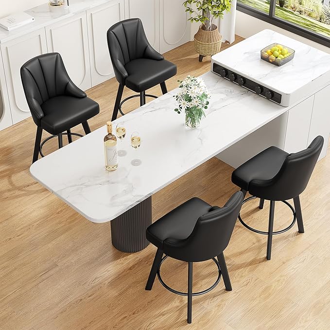 Swivel Bar Stools with Backs, 24" Counter Height Barstools, PU Leather Upholstered Counter Bar Stools with Solid Wood Legs for Kitchen Island, Home Bar, Black