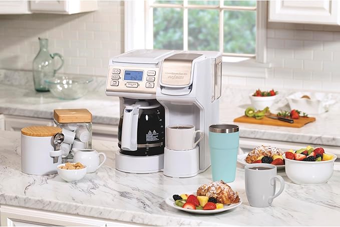 Hamilton Beach FlexBrew Trio 2-Way Coffee Maker, Compatible with K-Cup Pods or Grounds, Single Serve & Full 12c Pot, White with Stainless Steel Accents, Fast Brewing