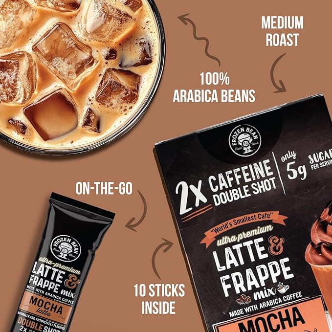 The Frozen Bean Mocha Frappe & Latte Instant Mix (20 Sticks), Made with Arabica Coffee, Double Shot Caffeine, Low Sugar & Premium Ingredients, Hot, Iced, or Blended Drinks