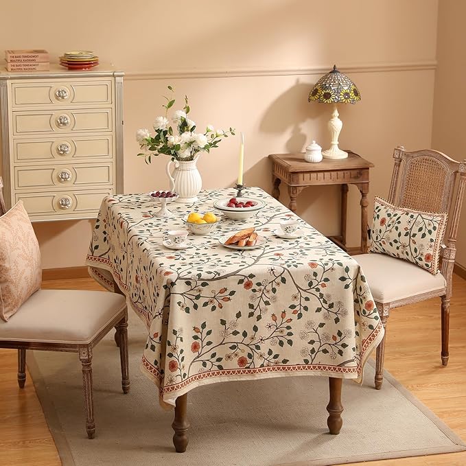 Designer Floral Small Square Tablecloth,French Linen Light Beige Indoor Table Cloth,Fall Wrinkle Resistant Decor Tablecloths for Dining Thanksgiving Kitchen Party,55"*55"-Flora A