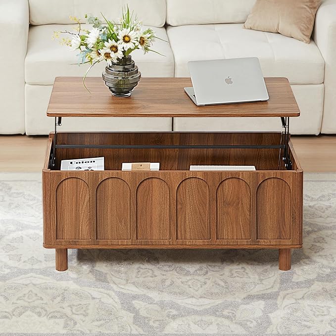 Lift Top Coffee Table with Arched Finish, Modern Coffee Table with Lifting Tabletop & Hidden Storage, Wood Center Table for Living Room,Convenient for Dining, Gaming or Working (Walnut)