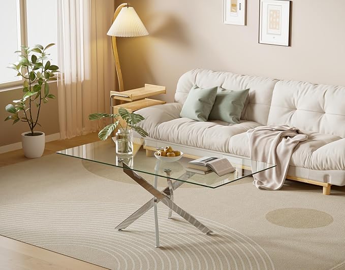 Tempered Glass Coffee Table with Chromed Legs, Rectangle Modern Living Room Table for Home Office Living Room (Sliver, 47.3”x23.6”x18”)