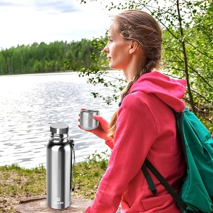 Insulated vacuum Thermo Bottle 1500ml/50.7oz with cup Stainless steel coffee bottles for hot and cold drink water flask.(Silver,1500ml)