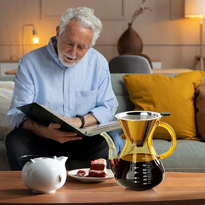 Unbreakable - Pour Over Coffee Maker with Double Stainless Filter 34 fl oz, Thickened Heat-Resistant Borosilicate Glass Pour Over Coffee Dripper, Stovetop Safe