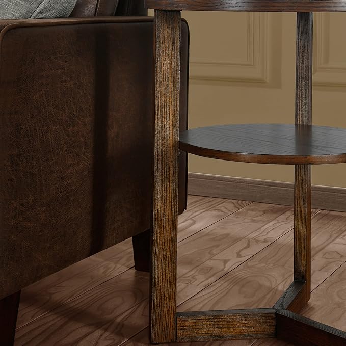 PADMA HOUSE 19.3" Round Wood End Table, 2-Tier Solid Wood Rounded Accent Side Table Circle Nightstand Table with Storage Shelf Vintage Furniture for Home Living Room Bedroom,Rustic Brown 3338NC