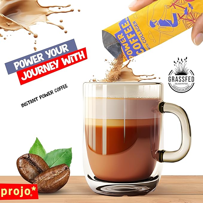 Projo* Power Coffee – Instant Coffee with 11g Protein – Grass-Fed Hydrolyzed Bovine Collagen & 175mg Caffeine – Caramel Latte Flavor – Organic – Energy Support – 12 Single-Serve Packets