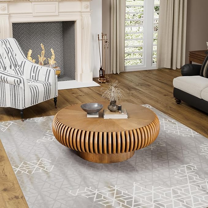 Round Fluted Coffee Table Modern Handcraft Drum Coffee Table with Sturdy Pedestal 31.5" Farmhouse Center Table Tea Table for Living Room, Reception Room, Entertainment Room (Brown 31.5 inch)
