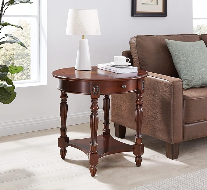 Solid Wood Oval End Table with Drawer and Storage Shelf, Traditional Vintage Side Table Polished Edging Bedside Nightstand for Living Room Bedroom Home, Cherry Walnut