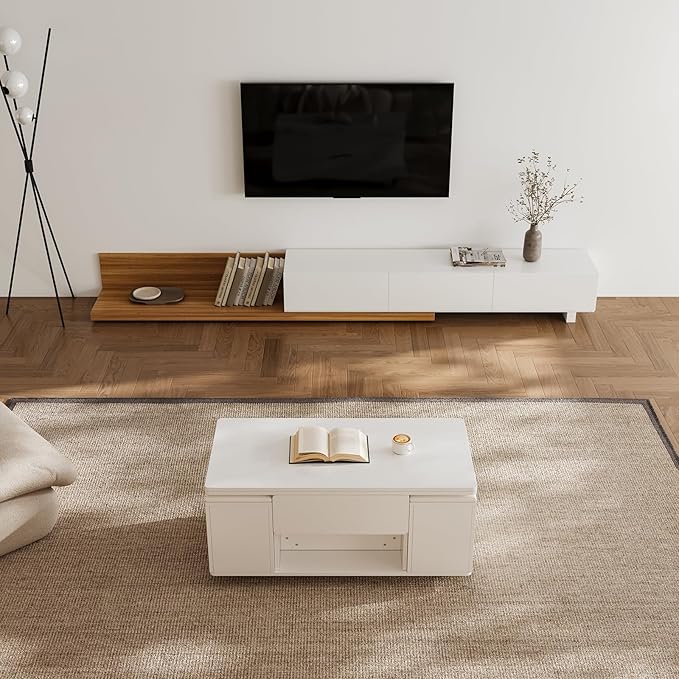 homary White Lift Top Coffee Table with Hidden Storage, 3 in 1 Multi-Function Modern Folding Center Table with 4 Stools and Casters