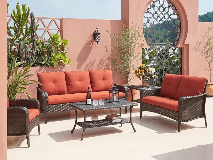 HUMMUH Outdoor End Table,Patio Wicker Small Side Table, PE Rattan Coffee Table with 2-Tier Storage Shelf for Bistro Set Conversation Sets Brown…