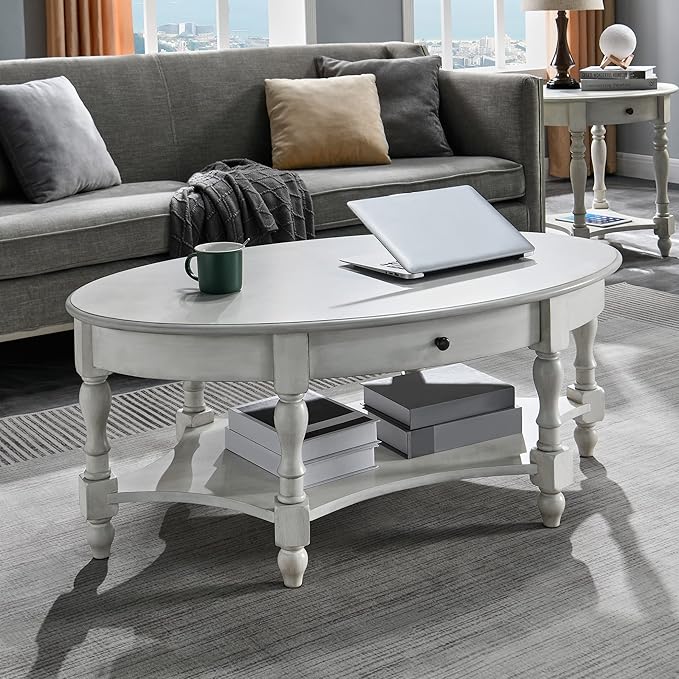 Solid Wood Oval Coffee Table with Drawer and Storage Shelf, 44.9" Traditional Retro Center Table Polished Edging Cocktail Tea Table for Living Room Bedroom Home, Antique White