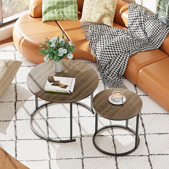 aboxoo Coffee Table Nesting Side Round Table Set of 2 End Table with Sturdy Metal Frame for Living Room Bedroom Apartment Modern Industrial Simple Nightstand,Oak