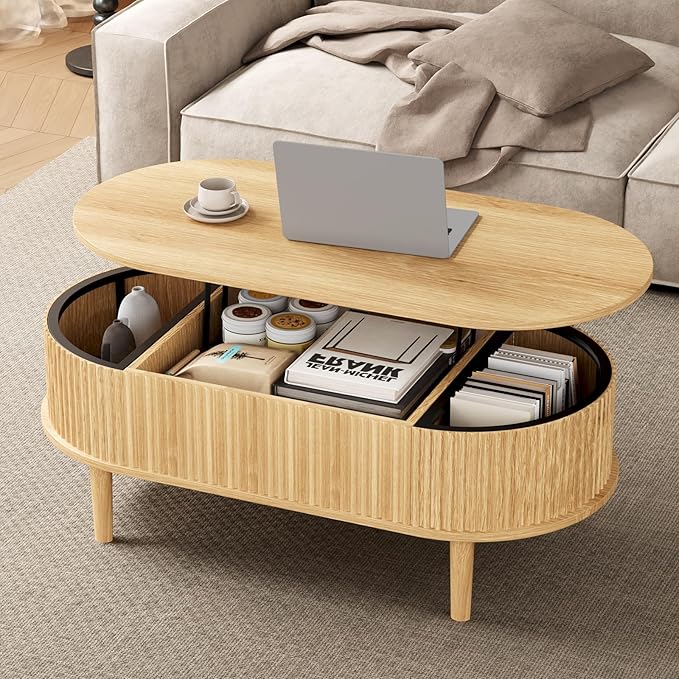 BREEZEHEAT Fluted Lift Top Coffee Table, 39" Oval Coffee Table with Storage, Hidden Compartment & Fully Assembled Centre Table Oval Lift Tabletop for Living Room, Small Space, Home Office, Natural
