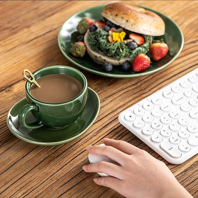 vicrays 6.5 oz Cappuccino Cups with Saucers, Set of 4, Ceramic Coffee Cup for Au Lait, Double shot, Latte, Cafe Mocha, Tea (Green)