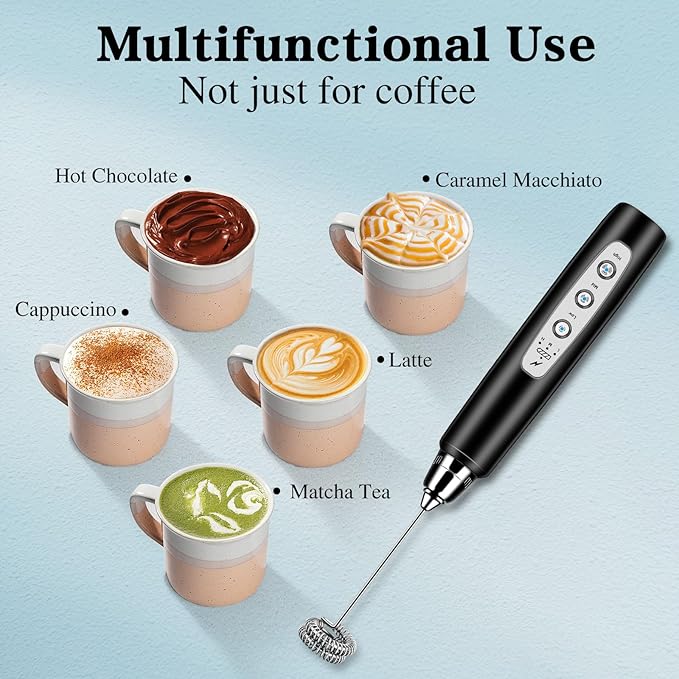 Milk Frother Handheld for Coffee, Electric Whisk 3 Speed Adjustable, Drink Mixer with Stainless 3 Whisks, Rechargeable Hand Frother Wand, Foam Maker for Latte Cappuccino Hot Chocolate Egg Black
