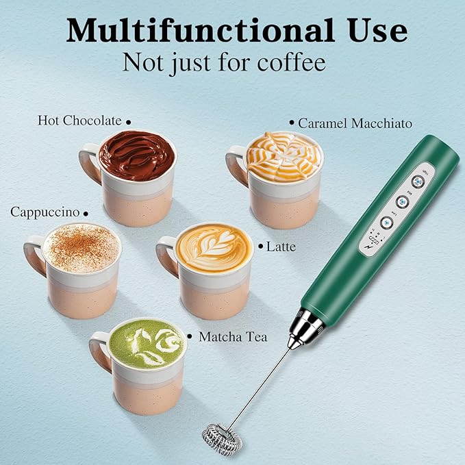 Milk Frother Handheld for Coffee, Electric Whisk 3 Speed Adjustable, Drink Mixer with Stainless 3 Whisks, Rechargeable Hand Frother Wand, for Latte Cappuccino Hot Chocolate Egg Green