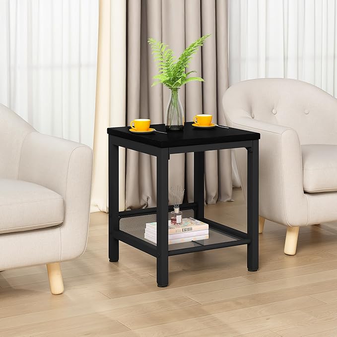 AWQM Coffee Table Set of 3, Industrial Coffee Table with 2 Square End Side Tables, Modern Living Room Table Set with Metal Frame for Apartment Home Office, Black