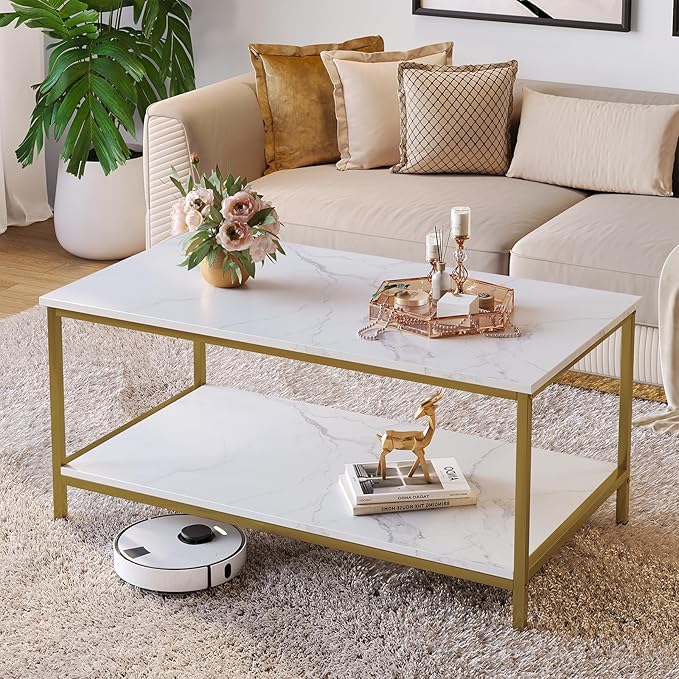 SAYGOER Modern 2-Tier Coffee Table for Living Room White Gold Coffee Tables Industrial Rectangle Wood Table for Large or Small Spaces Home Office Apartment, White Gold