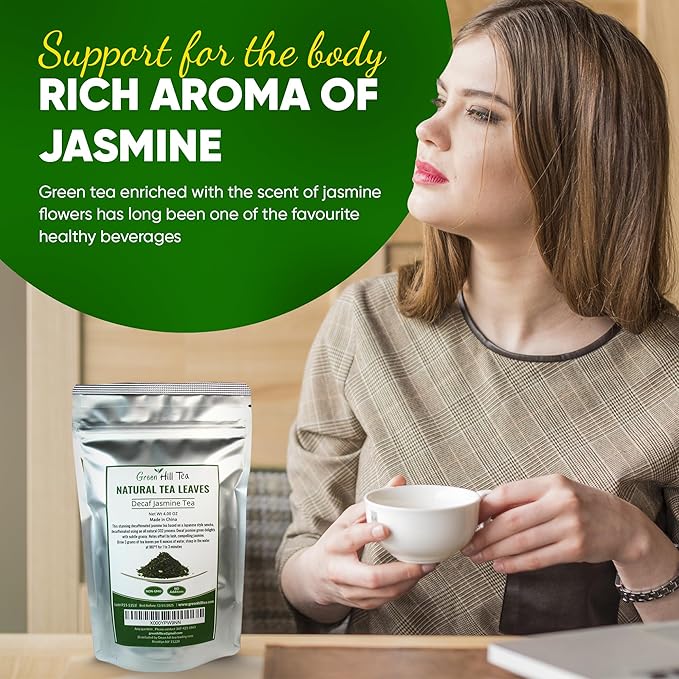 Greenhilltea Decaf Jasmine Green Tea, Green Tea Perfect beverage who wish for Caffeine-Free Tea - 4 Oz Bag