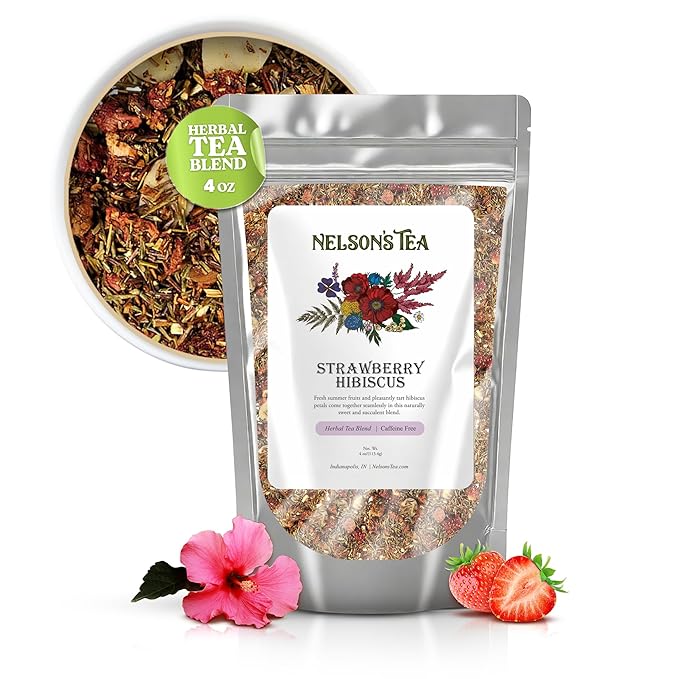 Nelson's Tea - Caffeine Free Strawberry Hibiscus - Rooibos Loose Leaf Tea - Green Rooibos, honey bush, hibiscus flower, marigold petals, orange peel, raspberries, pomegranate, and strawberries (4 oz)