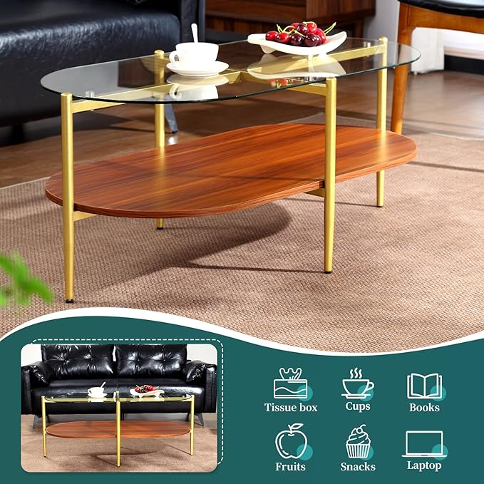 Glass and Wood Coffee Table, Mid Century Modern Design, Clear Glass Top, Solid Brown Storage MDF Shelf and Sturable Gold Legs for Small Space, Office, Department