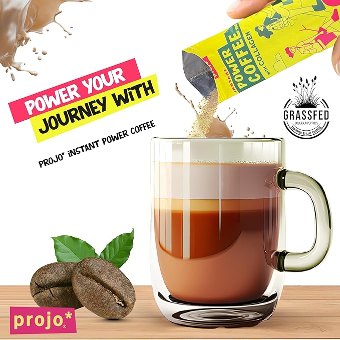 Projo* Power Coffee – Instant Coffee with 11g Protein – Grass-Fed Hydrolyzed Bovine Collagen & 175mg Caffeine – Vanilla Latte Flavor – Organic – Energy Support – 12 Single-Serve Packets