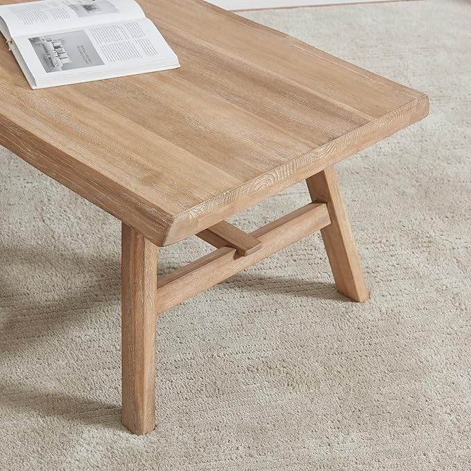 Wnutrees 43" Farmhouse Solid Wood Coffee Table, Rustic Rectangular Center Table for Living Room, Natural