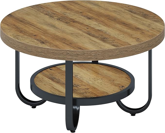 Tribesigns Round Coffee Table, 31.5" Modern Wood Circle Center Table with Storage Shelf and Metal Frame, 2-Tier Industrial Accent Cocktail Table for Living Room, Small Space, Apartment, Brown