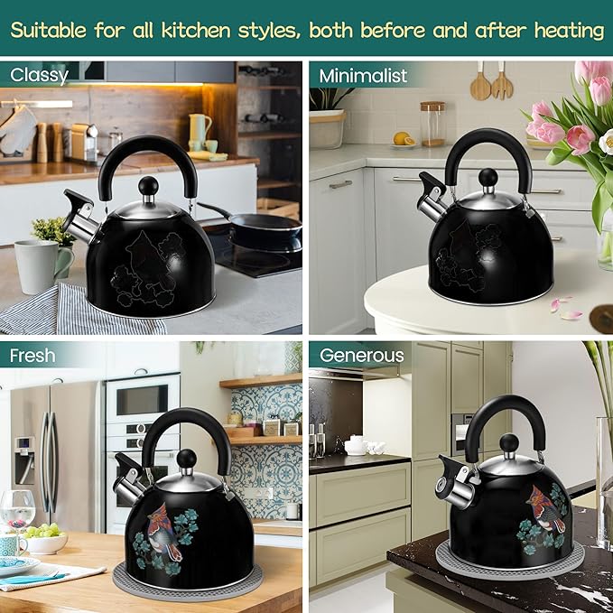 ARC Stainless Steel Whistling Tea Kettle for Stovetop, Magic Color Changing Design Teapot for Stovetop, 2 Quart Black Tea Kettle with Silicone Trivet Mat for Heat Resistant & Folding Cup