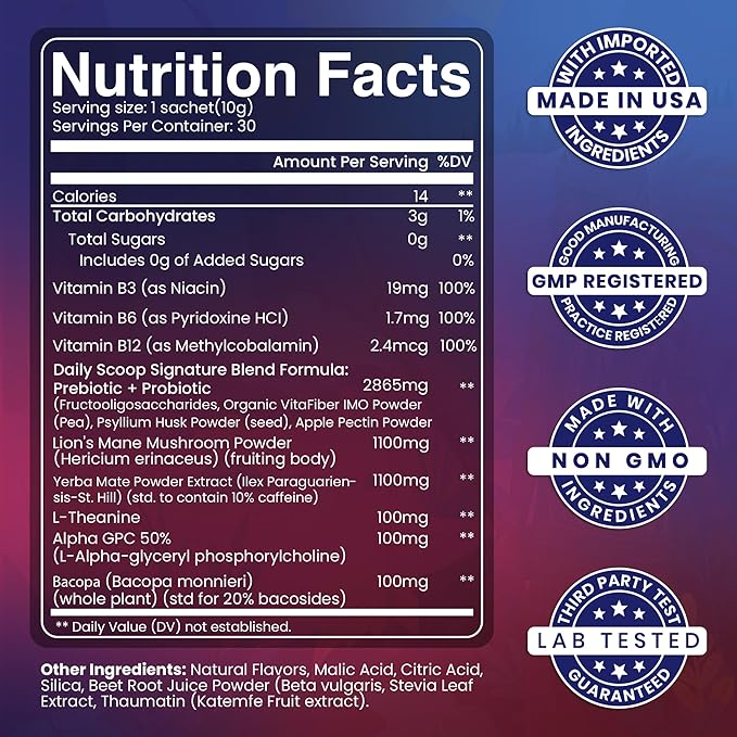 Yerba Mate Powder - Gut Health Support Drink - Probiotics & Prebiotics - Reduce Brain Fog, Relaxation & Focus - Natural Yerba Mate Clean Energy - Mixed Fruit Flavors - Sugar-Free - 30 Sachets