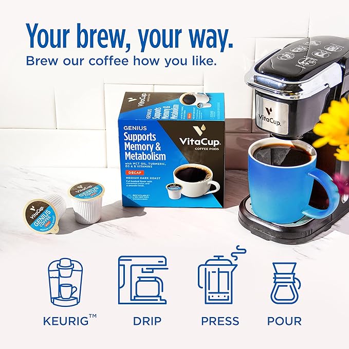 VitaCup Decaf Genius Keto Coffee Pods with MCT Oil, Turmeric, and Vitamins B1, B5, B6, B9, B12, D3 for Focus in Recyclable Single Serve Pod Compatible with K-Cup Brewers Including Keurig 2.0, 64 CT