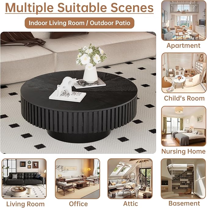 Round Coffee Table with Storage 31.4" Modern Black Fluted Coffee Table Low Round Storage Drum Pedestal Coffee Tables for Living Room Farmhouse (Black A 31.4in)