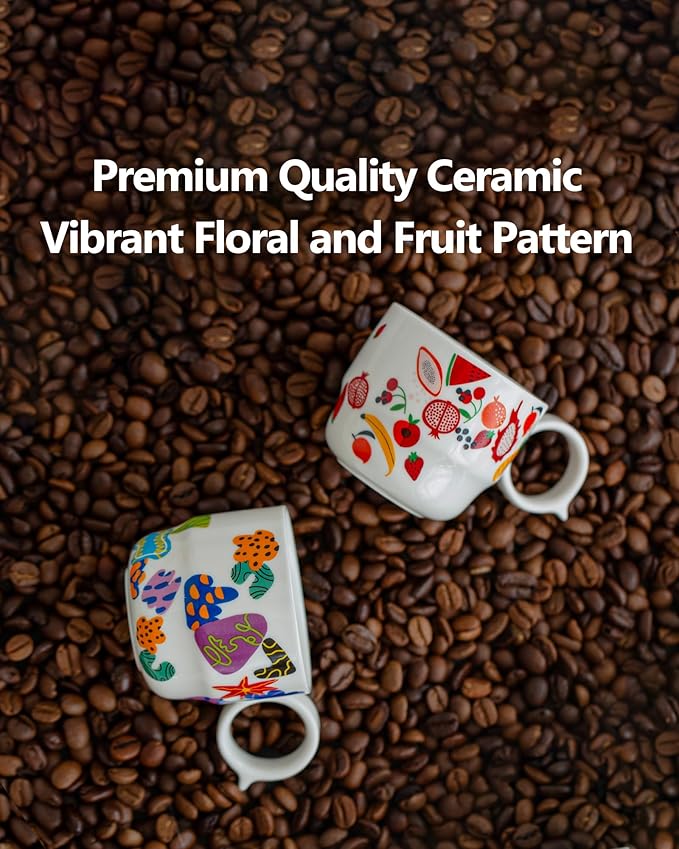 Ceramic Espresso Cups Set of 2 – Mini 3 oz Double Espresso Coffee Cups Small Espresso Shot Cups with Cute Q Handle, Gift for Coffee Lovers, Floral and fruit Patterns-White