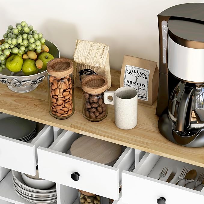 HOMCOM Sideboard with Solid Wood Countertop, Modern Kitchen Storage Cabinet, Coffee Bar Cabinet with 3 Drawers, Doors and Adjustable Shelf, Distressed White