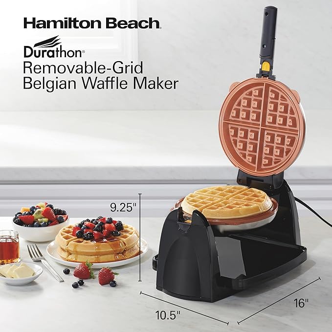 Hamilton Beach Belgian Waffle Maker with Removable PFAS-Free Durathon Nonstick Coated Plates, Easy Flip, Ceramic Grids, Black (26031)