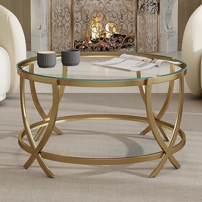ASYA Round Coffee Table for Living Room, Gold Coffee Table with Tempered Glass & Metal Frame, Modern Glass Living Table for Home&Office