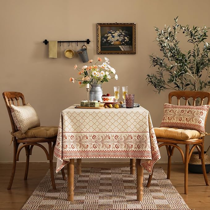 Designer Linen Floral Square Tablecloth,Pale Yellow Farmhouse Indoor Table Cloth,Fall Durable Decor Tablecloths for Dining Kitchen Thanksgiving Christmas Party,67"*67"-Chamonix A