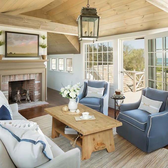 Farmhouse Wood Coffee Table - 43.4” Mid Century Modern Wooden Coffee Tables for Living Room, Solid Firwood Tabletop Rectangle Coffee Table, Center Table for Living Room, Natural Wood Color