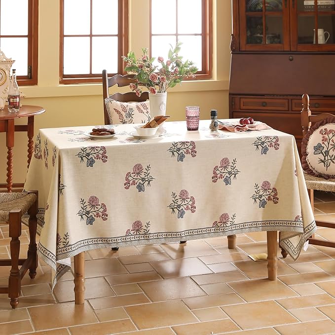 Designer Linen Light Beige Extra Long Table Cloth Rectangle,French Colorful Floral Tablecloth,Stain Resistant Decor Tablecloths for Dining Thanksgiving Kitchen,67"*118"-Helena E
