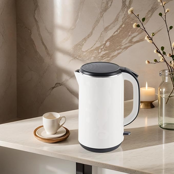 FAB&DELUXE 1.8L Stainless Steel Kettle Water Boiler, Double Wall Insulated,Fullbody 304Stainless Steel Interior & Lid,Quick Heating Electric Kettles for Boiling Water,Auto Shut-Off,White