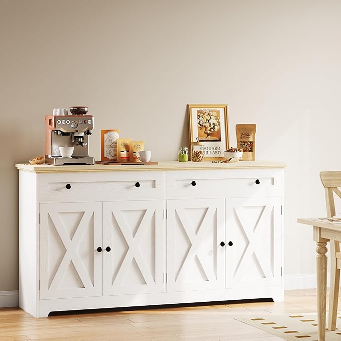 IRONCK Buffet Cabinet with Storage, Sideboard Storage Cabinet, Kitchen Cabinet with Drawers and Doors, Natural Wood