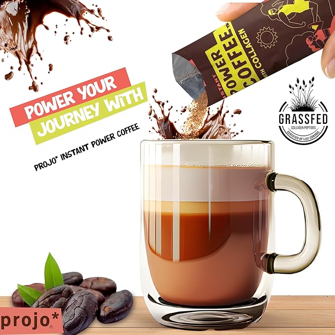 Projo* Power Coffee – Instant Coffee with 11g Protein – Grass-Fed Hydrolyzed Bovine Collagen & 175mg Caffeine – Mocha Latte Flavor – Organic – Energy Support – 12 Single-Serve Packets