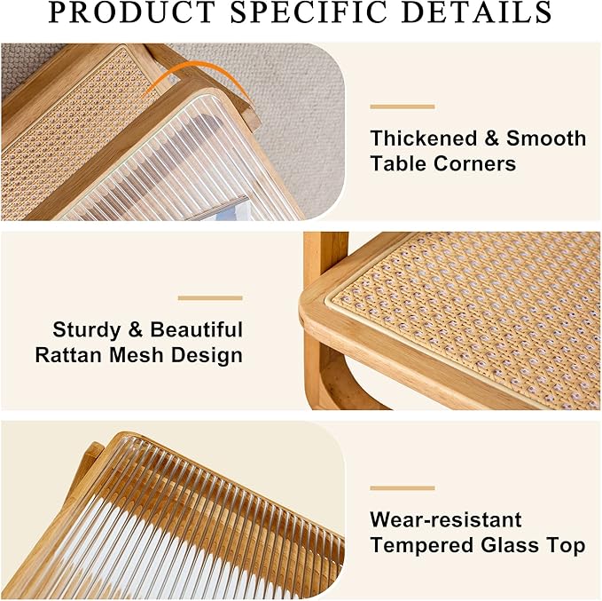 Mid Century Modern Coffee Table with Ribbed Glass Top and PE Rattan Storage Shelf, 45 Inch Rectangular Solid Wood Boho Coffe Table, Unique Center Table for Livinig Room Apartment Small Space