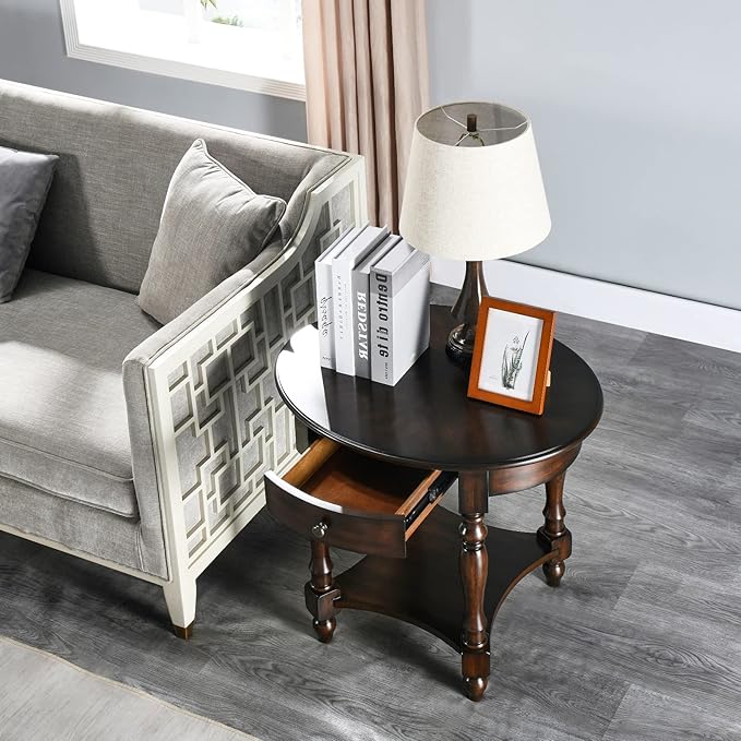 Solid Wood Oval End Table with Drawer and Storage Shelf, 28" Traditional Retro Side Table Polished Edging Sofa Table Bedside Nightstand for Living Room Bedroom Home, Vintage Walnut