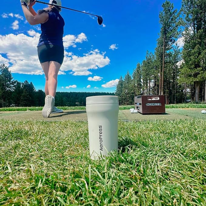 AeroPress Stainless Steel Travel Coffee Tumbler - Double-Wall Insulation for Hot or Cold Drinks with a Splash-Resistant Lid and Built-In Filter Storage, Cup Holder Friendly - 16 oz, Cream