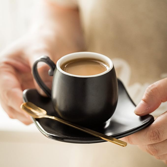 LYEOBOH Espresso Cups with Saucers Set, 3 Ounces Porcelain Coffee Cups with Metal Stand and Spoons, Cappuccino Cups Cute Demitasse Cups for Coffee Drinks, Latte, Tea Set of 6, Black