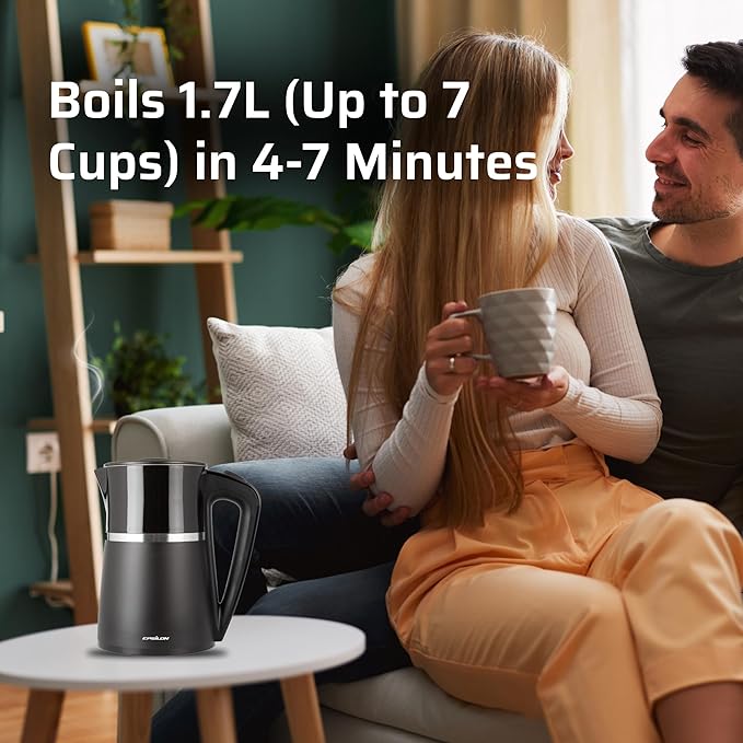 Epsilon Electric Kettle 1100W - 1.7L, Electric Tea Kettle with Boil Dry Protection and Auto Shut-Off, Fast Boil Electric Tea Kettle, Double Wall Stainless Steel, Removable Top and BPA Free