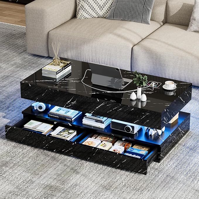 LED Coffee Table, 47.2" Coffee Tables with Storage Drawers, Smart Living Room Table with Wireless Charging & Bluetooth Speaker,Modern Center Tables for Living Room, Black Marble