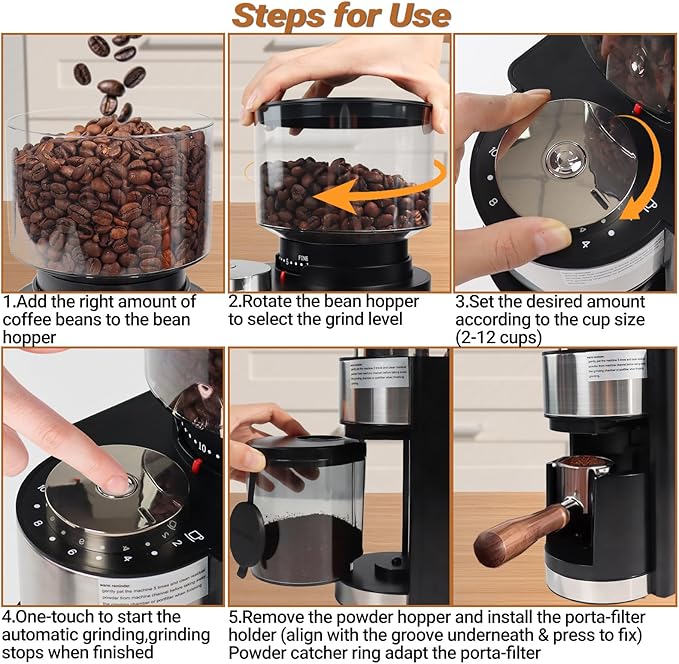 Electric Burr Coffee Grinder with 25 Grind Setting for 2-12 Cup Adjustable Stainless Steel Dosing Bean Mill Home Automatic Conical Freshly Ground Espresso Grinder with Cleaning Brush Black